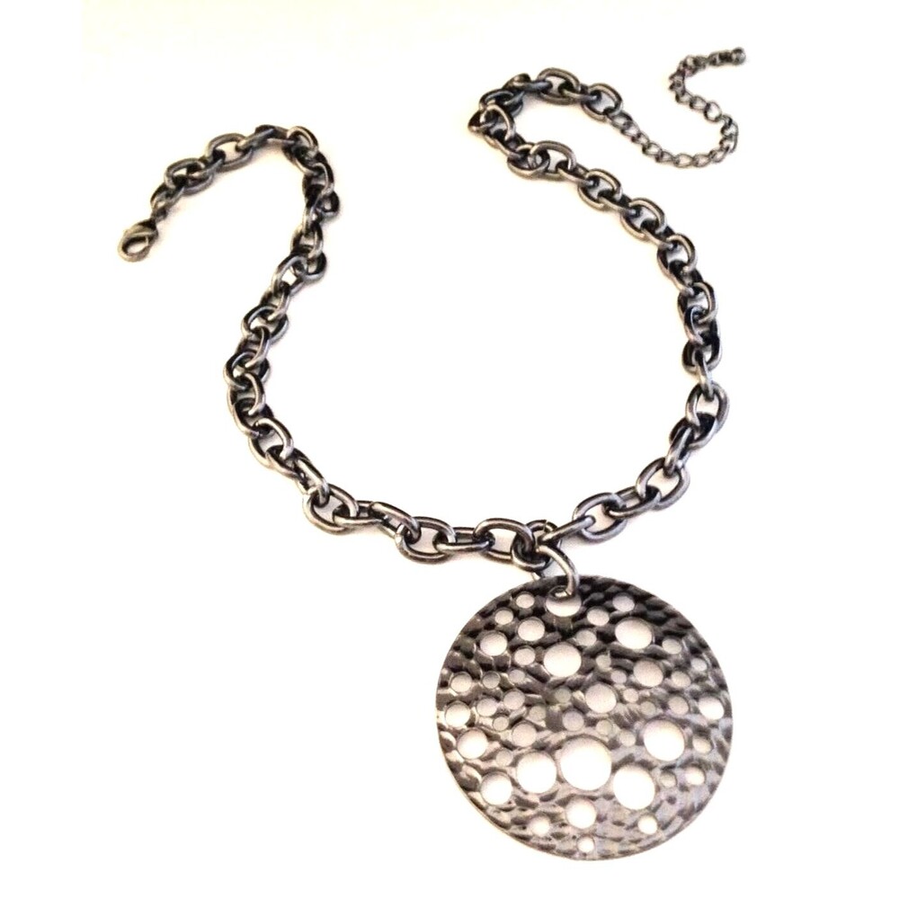 New Statement Pendant Necklace Hammered Hematite Tone - 6F